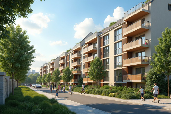 Immeuble renové dans un quartier urbain français avec familles