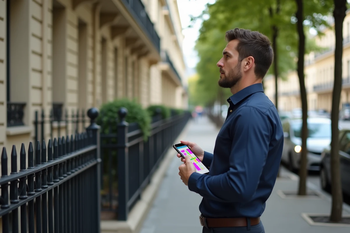 Homme vérifiant le classement en zone tendue d'un immeuble parisien via une application mobile