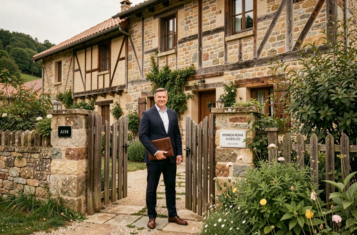 Agent Immobilier de France devant une maison de campagne traditionnelle avec jardin en Ain