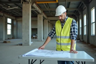 Ingénieur en bâtiment industriel consultant des plans de construction dans un entrepôt en chantier en 2026