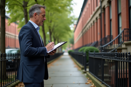 Inspecteur immobilier examine façade de maison en briques