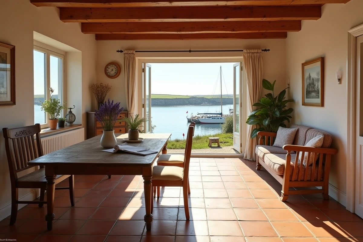 Intérieur d'une maison normande rénovée à vendre avec vue sur l'estuaire près de Honfleur côte Fleurie