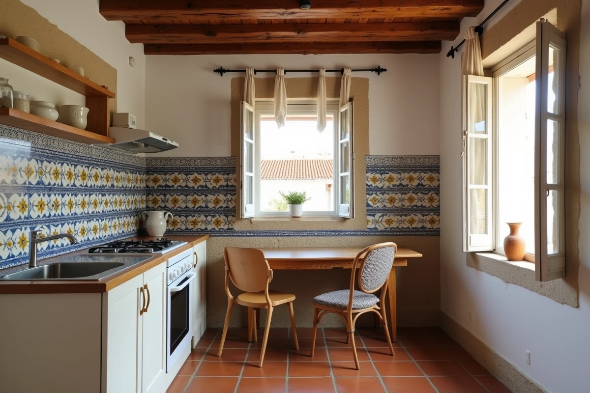 Intérieur authentique d'une maison de pêcheur portugaise avec carreaux azulejos, poutres en bois et tomettes anciennes