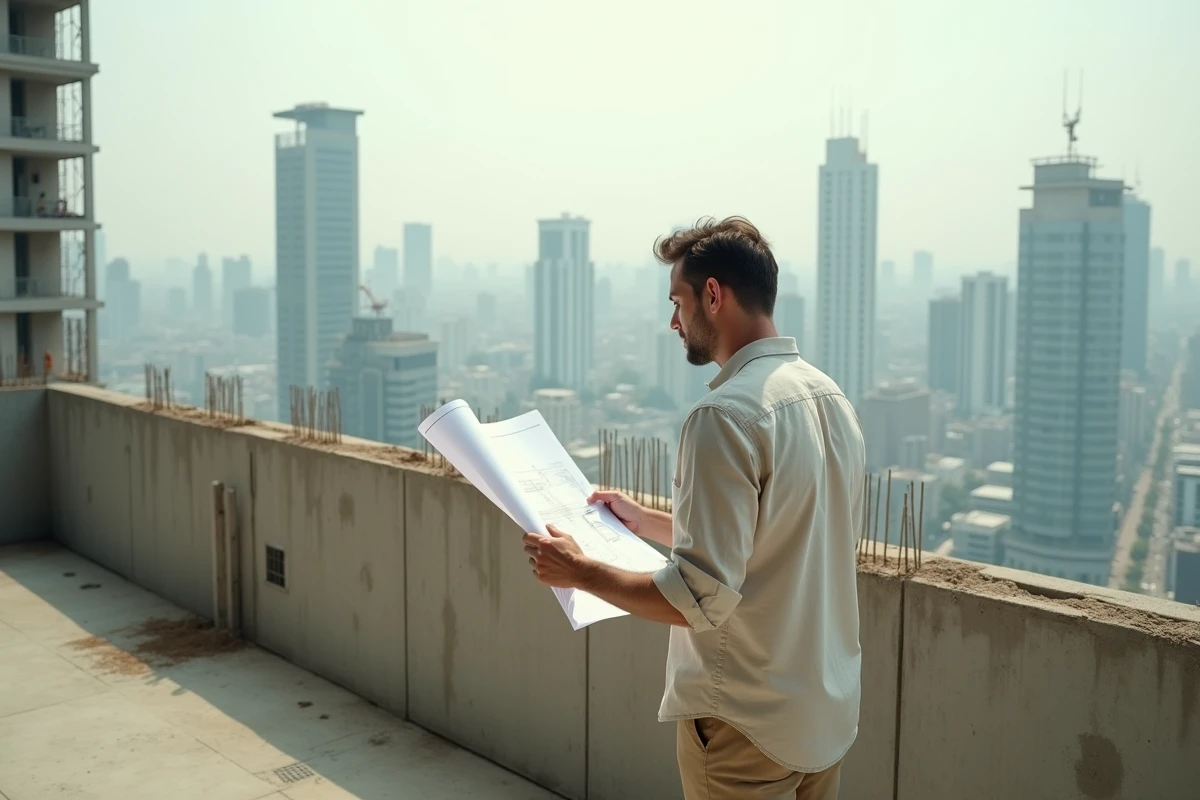 Expatrié occidental examinant des plans architecturaux sur le chantier d'un condominium en construction à Bangkok, avec vue sur la skyline urbaine