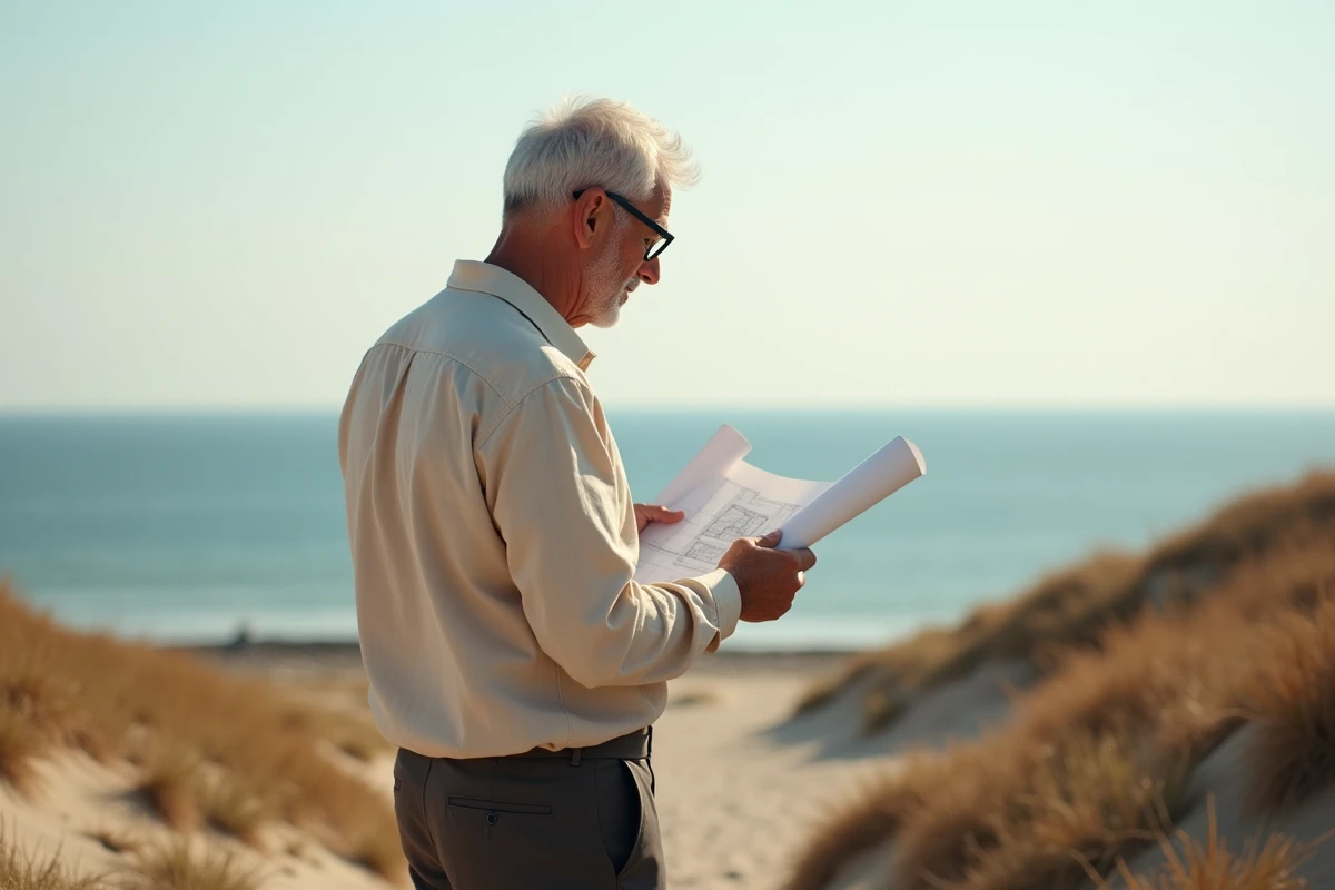 Homme d'affaires examinant des plans d'architecte sur un terrain en bord de mer, évaluation d'un projet de camping ou gîtes côtiers