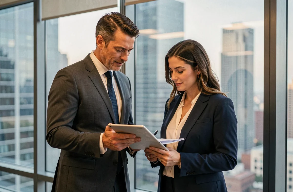 Deux professionnels en costume analysant des documents dans un bureau en hauteur avec vue sur les gratte-ciels de Chicago