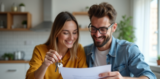 Jeune couple souriant avec clés et argent pour location