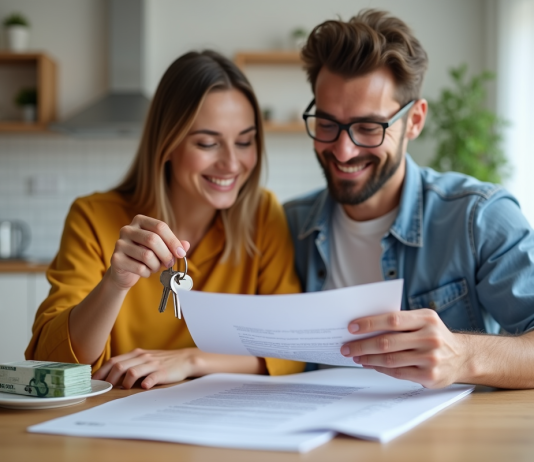 Jeune couple souriant avec clés et argent pour location