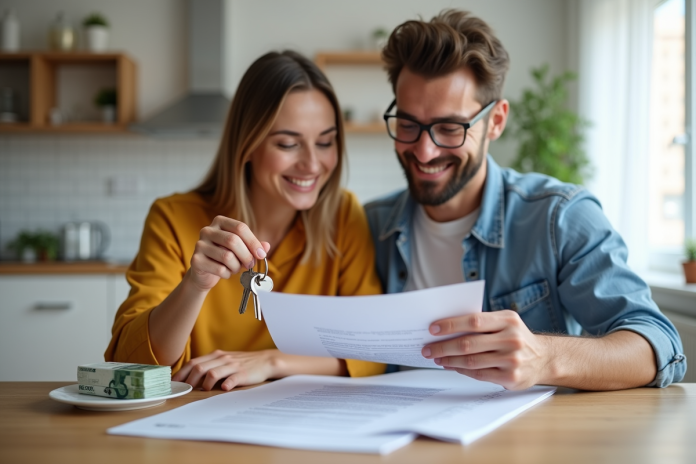 Jeune couple souriant avec clés et argent pour location
