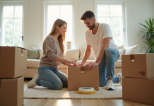 Jeune couple emballant des cartons dans un salon lumineux