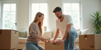 Jeune couple emballant des cartons dans un salon lumineux