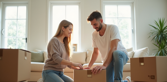 Prix déménagement : Quel est le coût moyen à anticiper ? Jeune couple emballant des cartons dans un salon lumineux