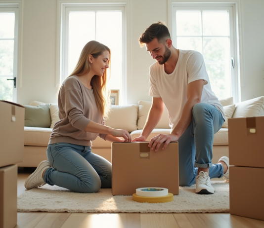 Prix déménagement : Quel est le coût moyen à anticiper ? Jeune couple emballant des cartons dans un salon lumineux