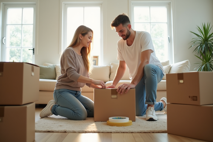 Jeune couple emballant des cartons dans un salon lumineux