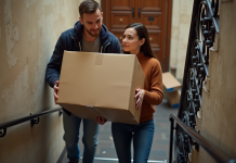 Aides pour déménagement : les solutions en France à connaître ! Jeune couple français portant une grande caisse dans un escalier parisien