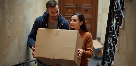 Aides pour déménagement : les solutions en France à connaître ! Jeune couple français portant une grande caisse dans un escalier parisien