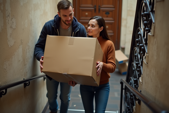 jeune-couple-emballage-paris Jeune couple français portant une grande caisse dans un escalier parisien
