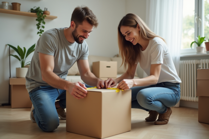 Jeune couple emballant des cartons dans un appartement