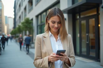 Jeune femme active consultant une application de recherche de logement sur son smartphone devant un immeuble moderne en ville