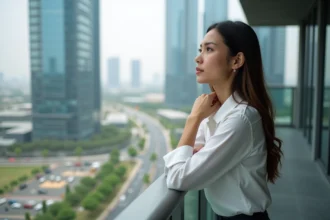 Jeune femme expatriée regardant la ville depuis un balcon à JLT