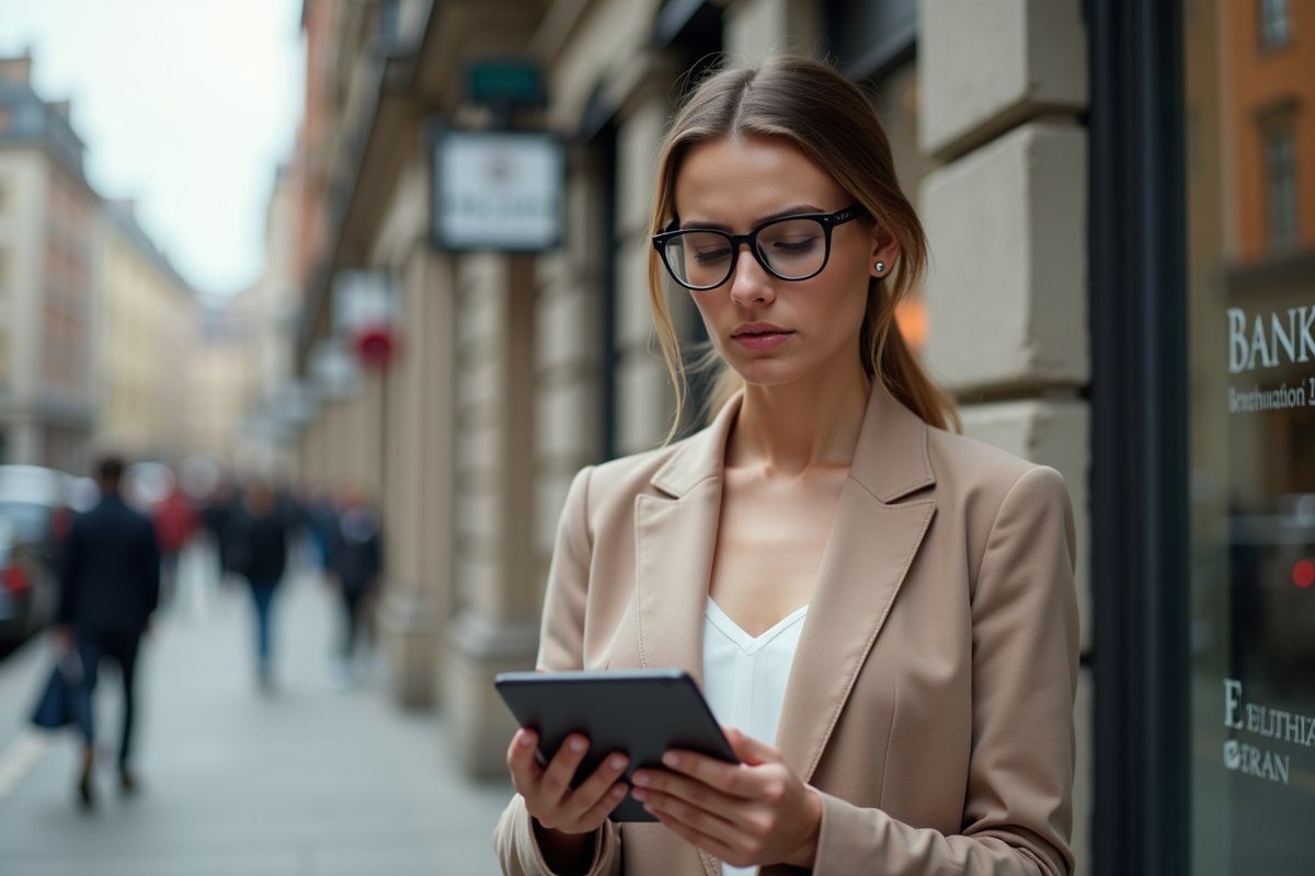 Jeune femme professionnelle avec tablette devant banque