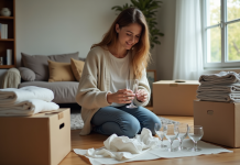 Jeune femme emballant des verres dans une maison en déménagement