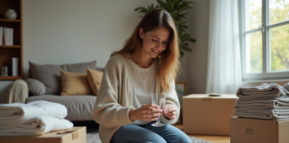 Jeune femme emballant des verres dans une maison en déménagement