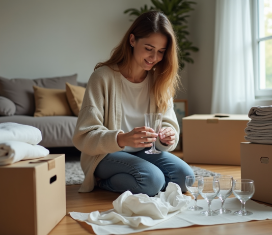Déménagement : conseils pour bien emballer avant de partir ! Jeune femme emballant des verres dans une maison en déménagement