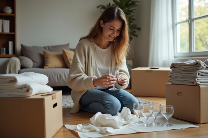 Jeune femme emballant des verres dans une maison en déménagement