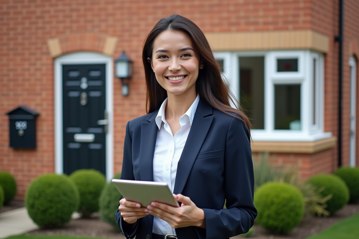 Jeune femme en blazer tenant une tablette devant une maison