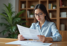 Logement : quel organisme de caution choisir ? Jeune femme d affaires examine des documents de location dans un appartement moderne