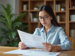 Jeune femme d affaires examine des documents de location dans un appartement moderne