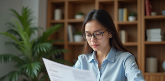 Jeune femme d affaires examine des documents de location dans un appartement moderne