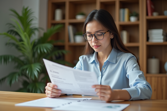 Jeune femme d affaires examine des documents de location dans un appartement moderne