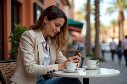 Jeune femme en blazer sirotant un thé à Marrakech