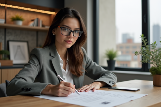 Jeune femme signant un contrat de location dans un appartement moderne