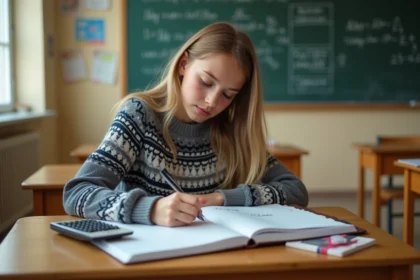 Jeune fille en classe prenant des notes avec livres de maths