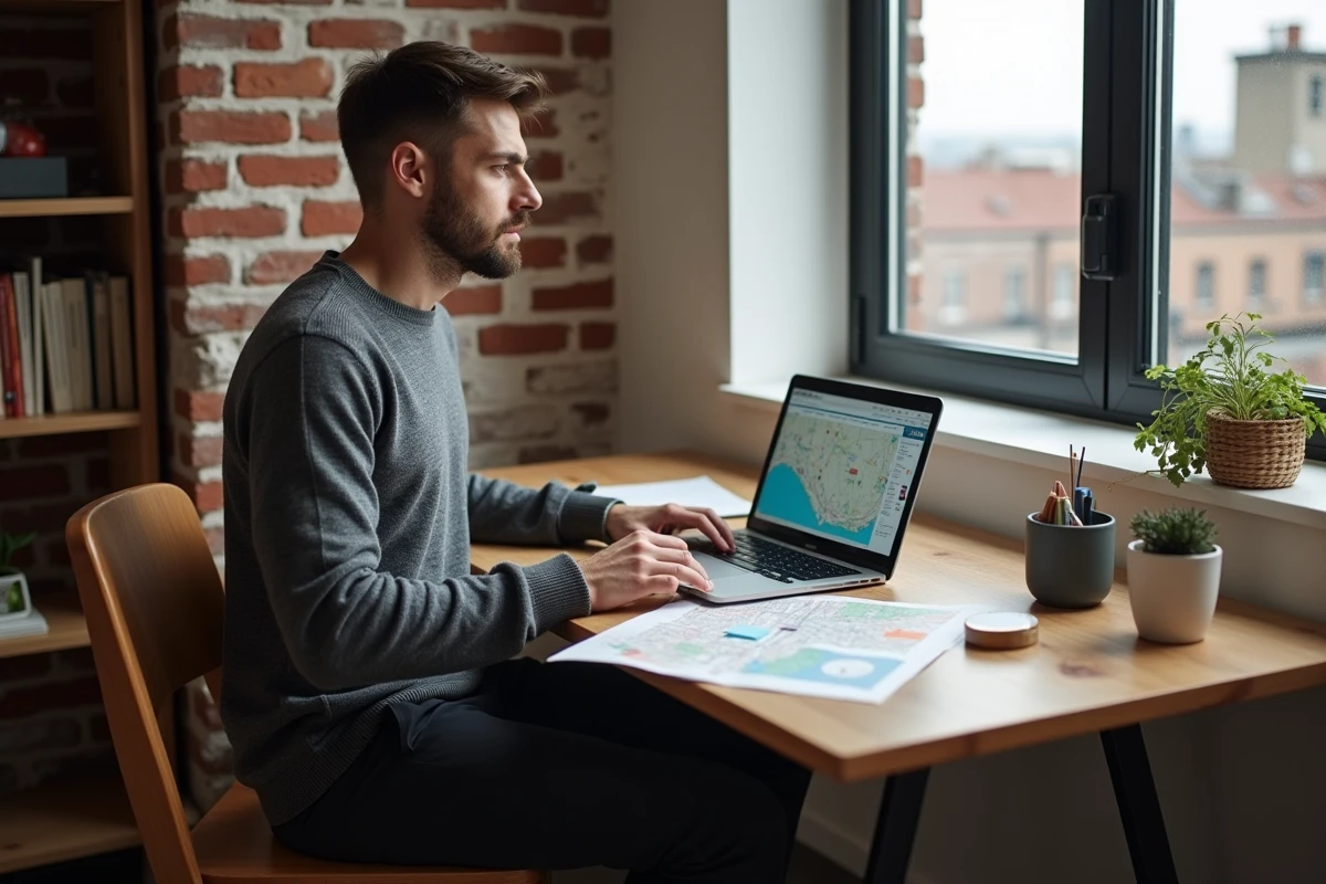 Jeune homme comparant des annonces de logements sur un ordinateur portable dans un studio moderne proche de son lieu de travail