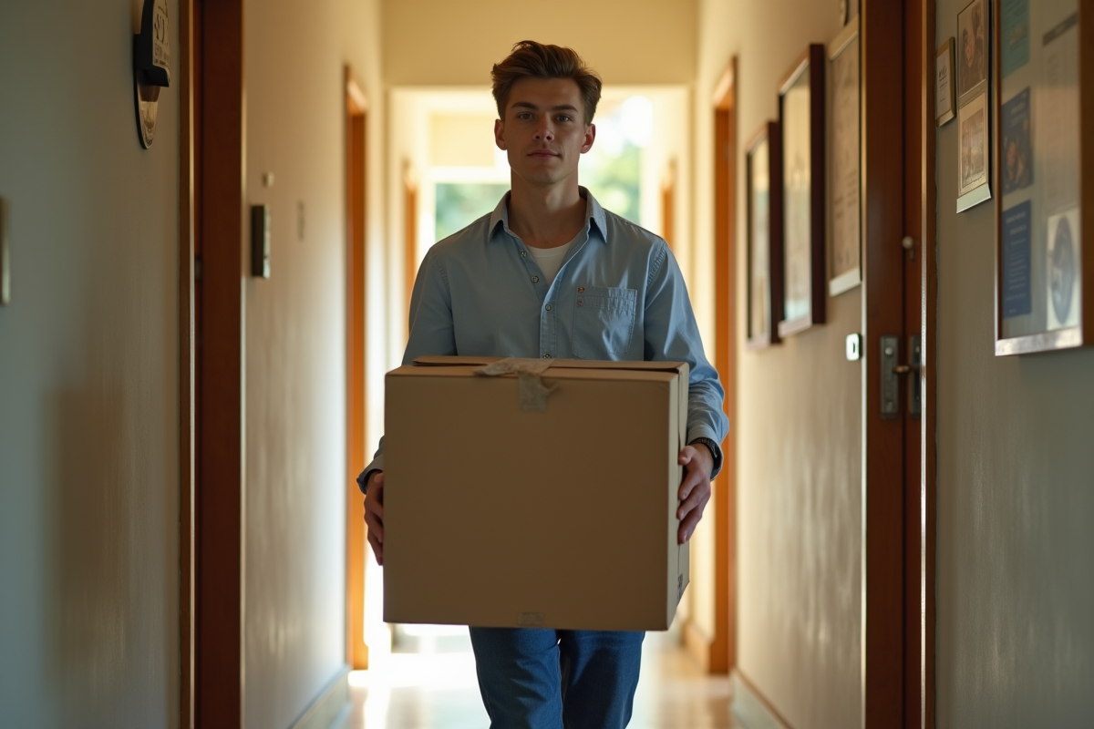 Jeune homme sortant une boîte de son appartement en mouvement