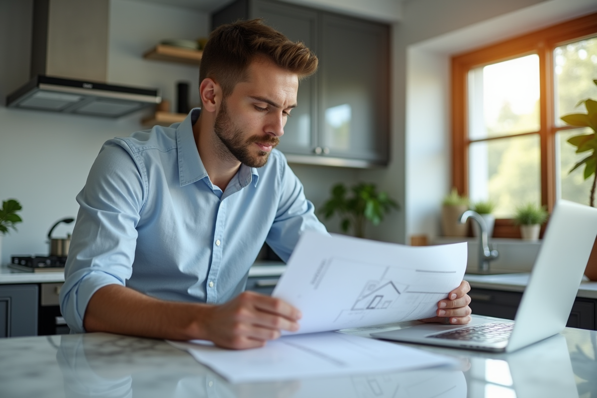 Jeune homme étudiant des plans et formulaires financiers