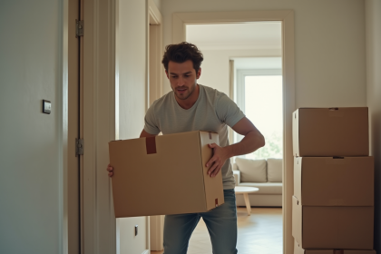 Jeune homme soulevant une caisse dans un appartement vide