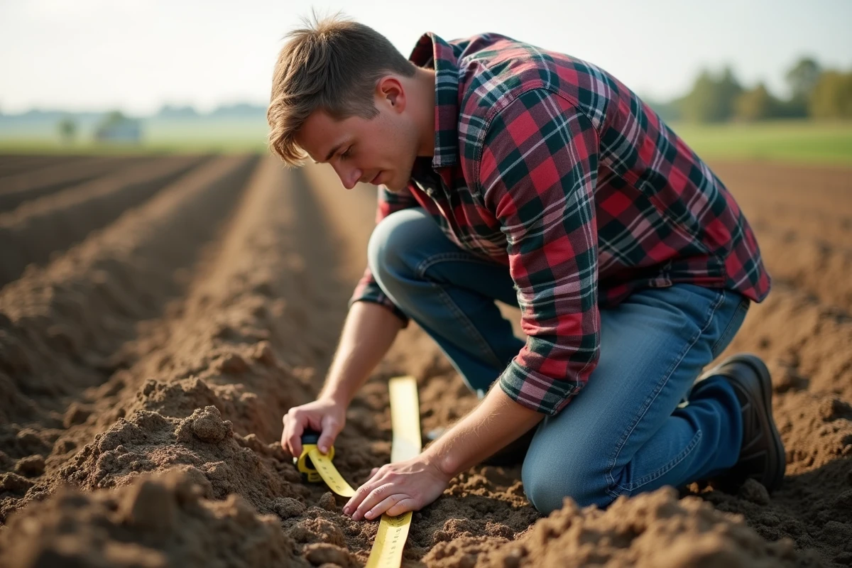Jeune homme mesurant le sol pour un jardin