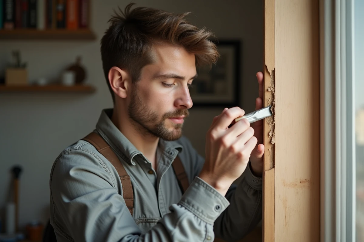 Jeune homme réparant un chambranle de porte dans un appartement