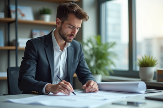 Jeune homme professionnel examinant des plans dans un bureau moderne