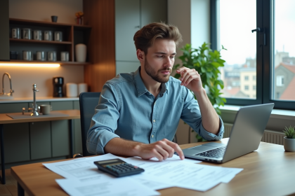 Jeune homme professionnel dans un studio avec ordinateur et documents