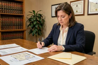 Femme notaire rédigeant une lettre formelle pour un achat immobilier dans un bureau professionnel