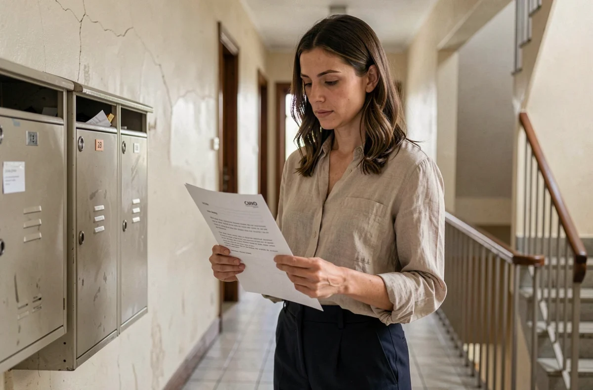 Locataire lisant une lettre de préavis dans le couloir d'un immeuble résidentiel