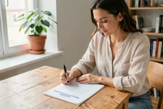 Locataire signant un contrat d'assurance habitation Ethias à son domicile