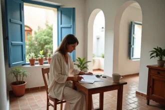 Femme marocaine consultant un contrat de location longue durée dans un appartement riad à Essaouira avec carrelage zellige et volets bleus