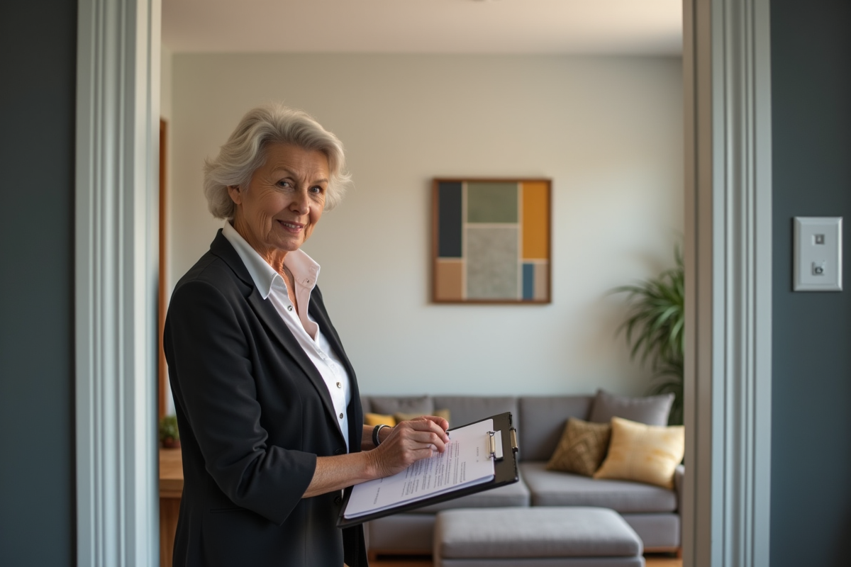 Femme propriétaire examinant un appartement rénové avec mobilier